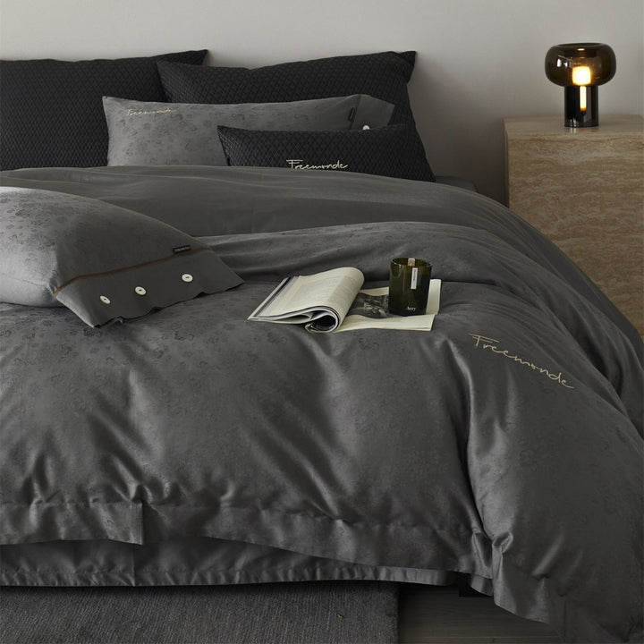 Satin-Jacquard Floral Duvet Cover Set with Button Closure & Gold Piping