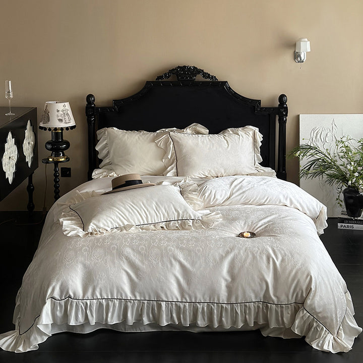 Luxurious bedding set with ruffles and jacquard pattern