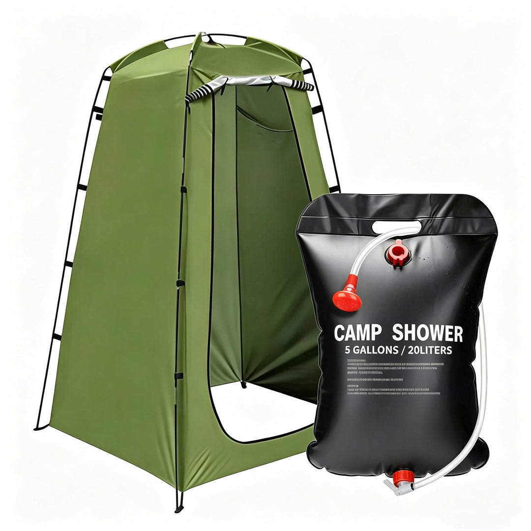 Portable camping shower privacy tent with five gallon solar shower bag and pop up foldable pole system Stornfield