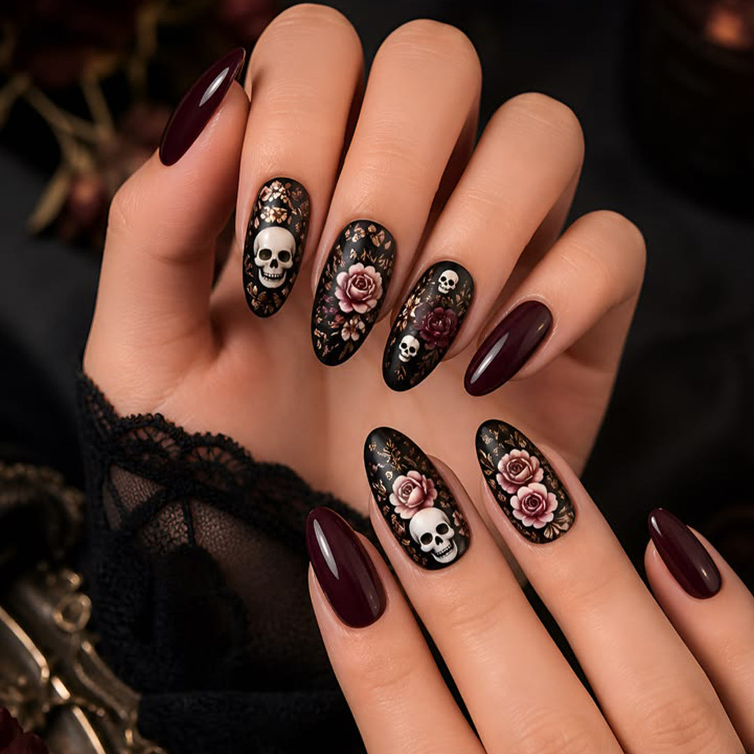 Gothic Floral and Skull Accent Nail Art Extensions Stornfield