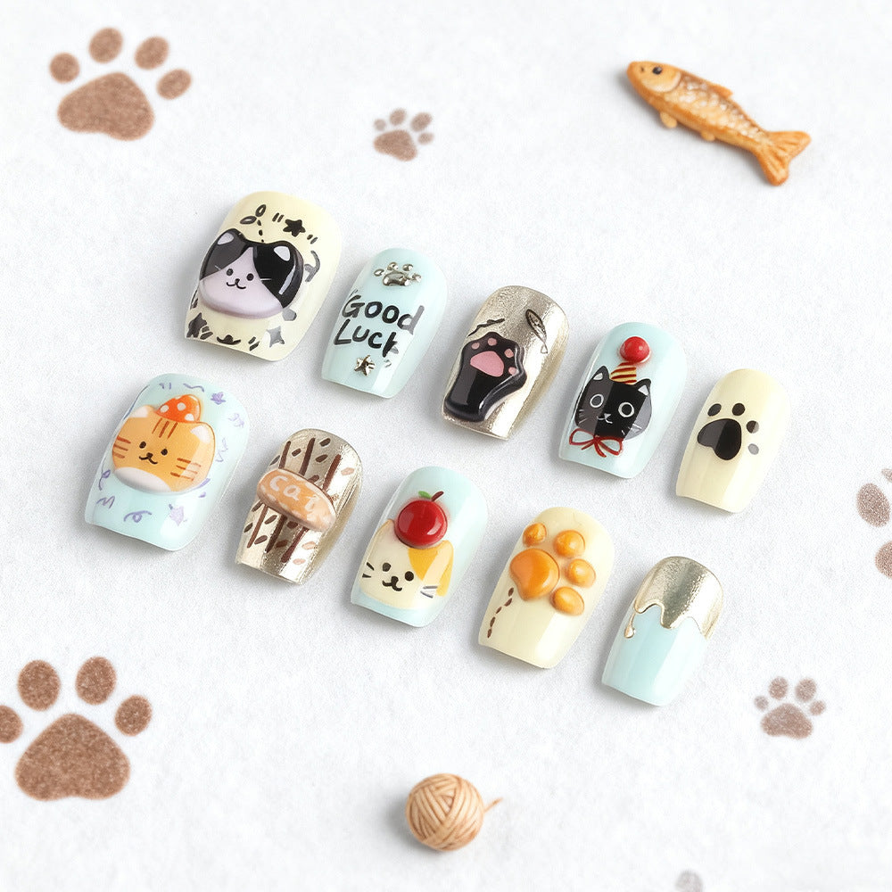Whimsical Cat-Themed Press-On Nail Art Stornfield