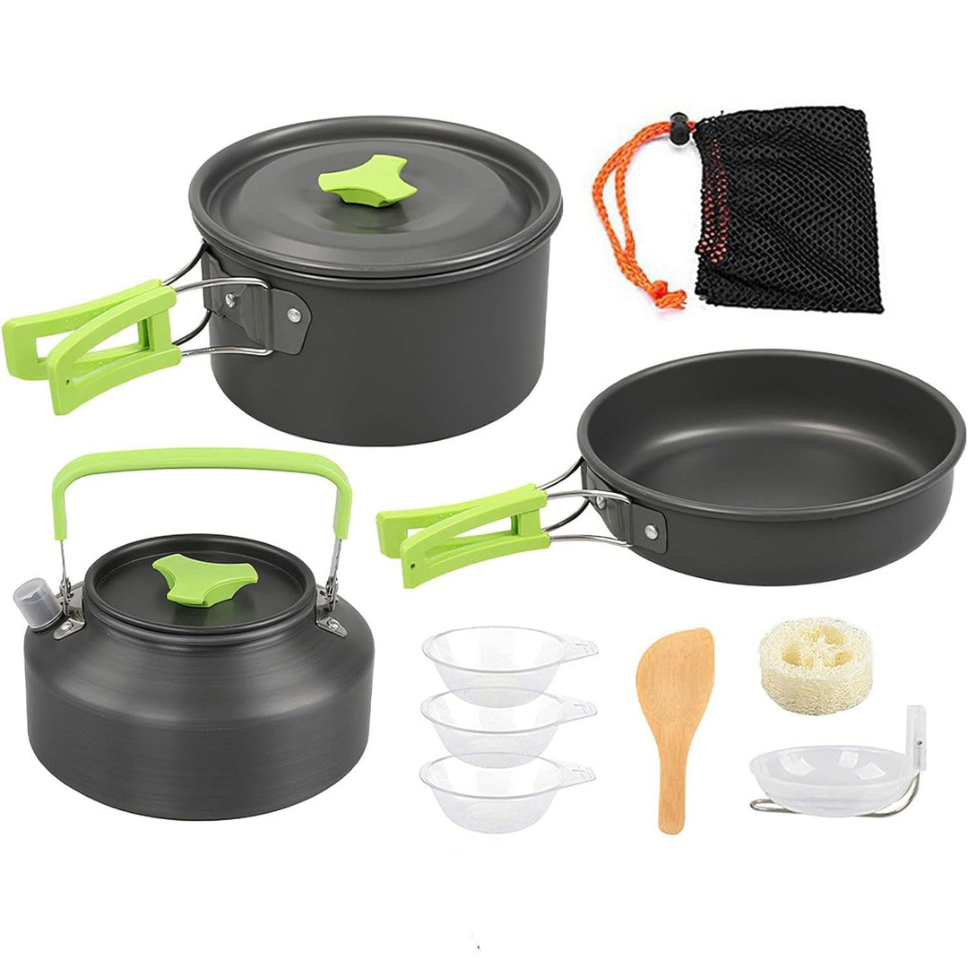 lightweight collapsible camping cookware kit with nonstick anodized pots pan kettle and folding handles Stornfield