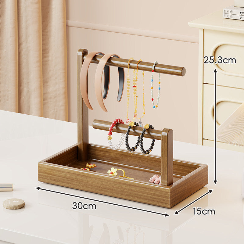Wooden Dual-Tier Jewelry Organizer Stand with Felt-Lined Tray