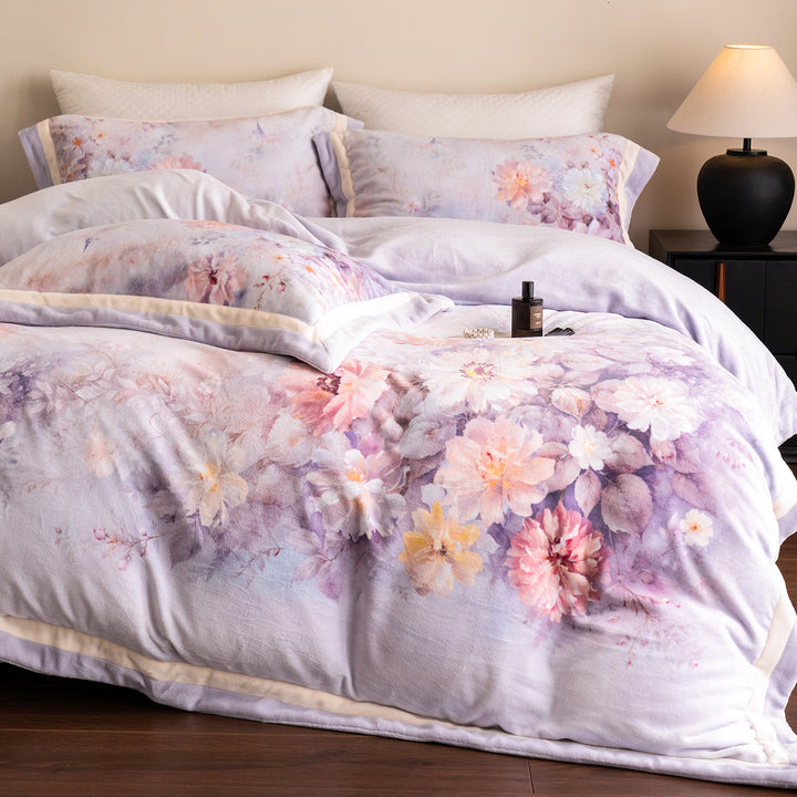 Floral Watercolor Plush Microfiber Duvet Cover Set with Reversible Back and Pillow Shams