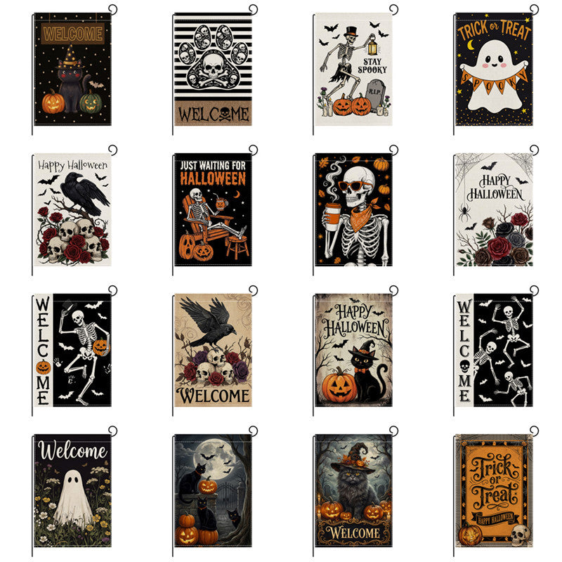 Outdoor Halloween Garden Flag Double-Sided Polyester Yard Banner with Skeleton and Jack-o'-Lantern Illustration