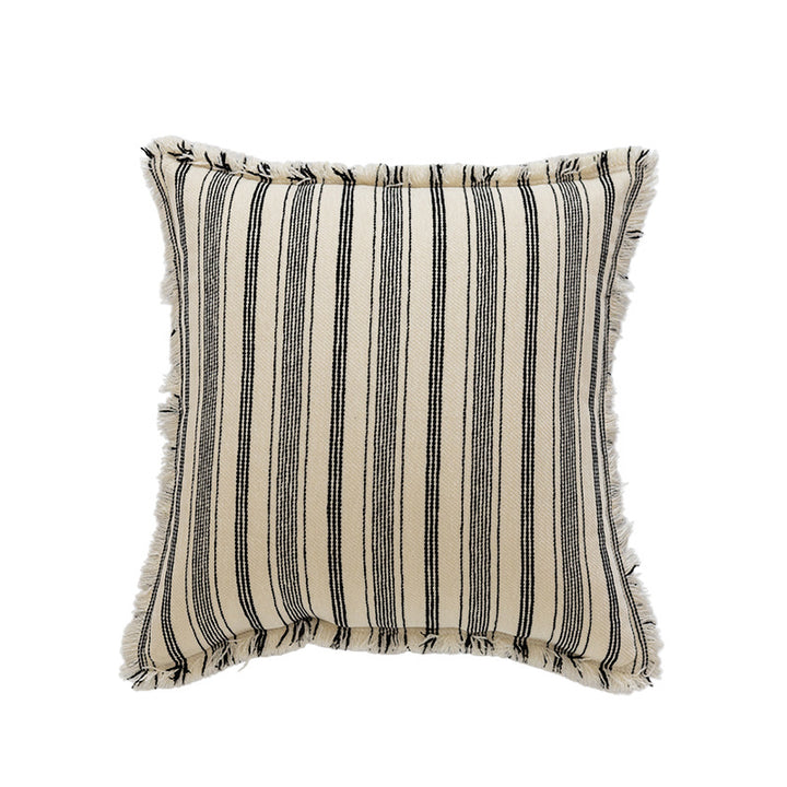 Square Woven Cotton Stripe Accent Pillow with Fringed Border and Removable Cover