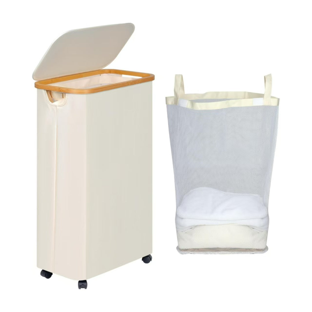High-quality laundry container with bamboo lid and practical carrying handle Stornfield