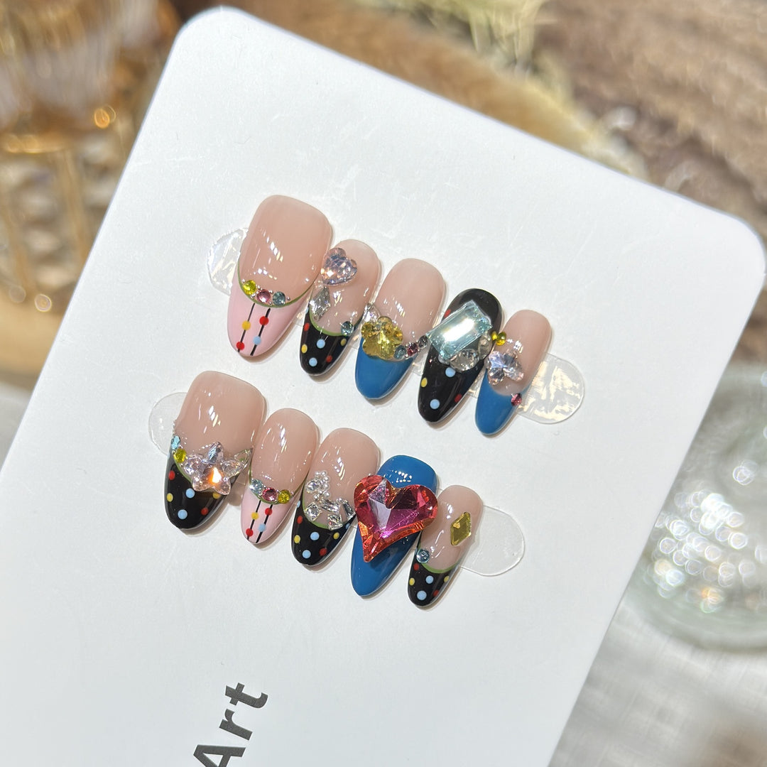 Artistic Press-On Nail Set with Colorful Jewel Accents Stornfield