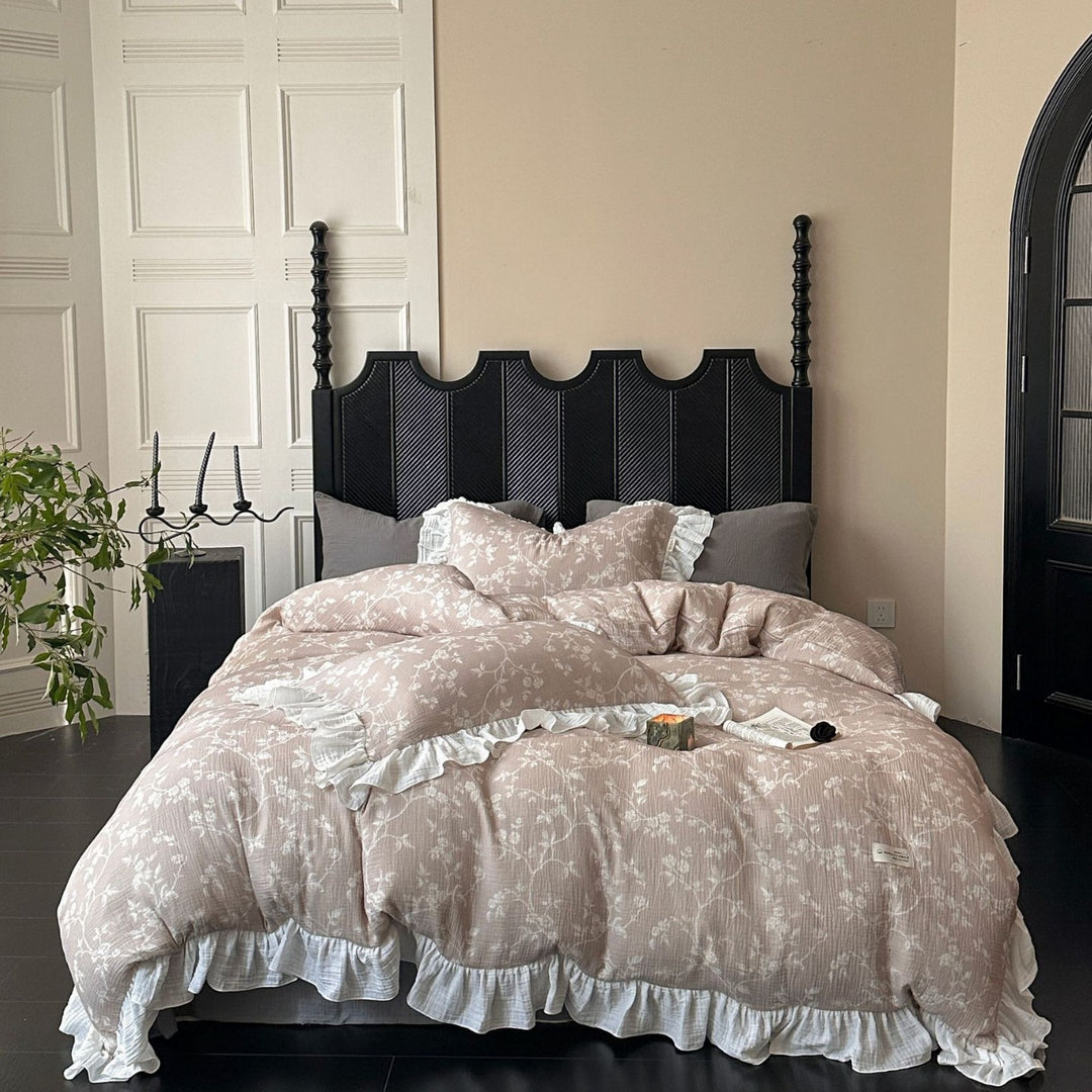 Crinkled Cotton Ruffled Duvet Cover Set with Floral Textured Finish & Frilled Shams