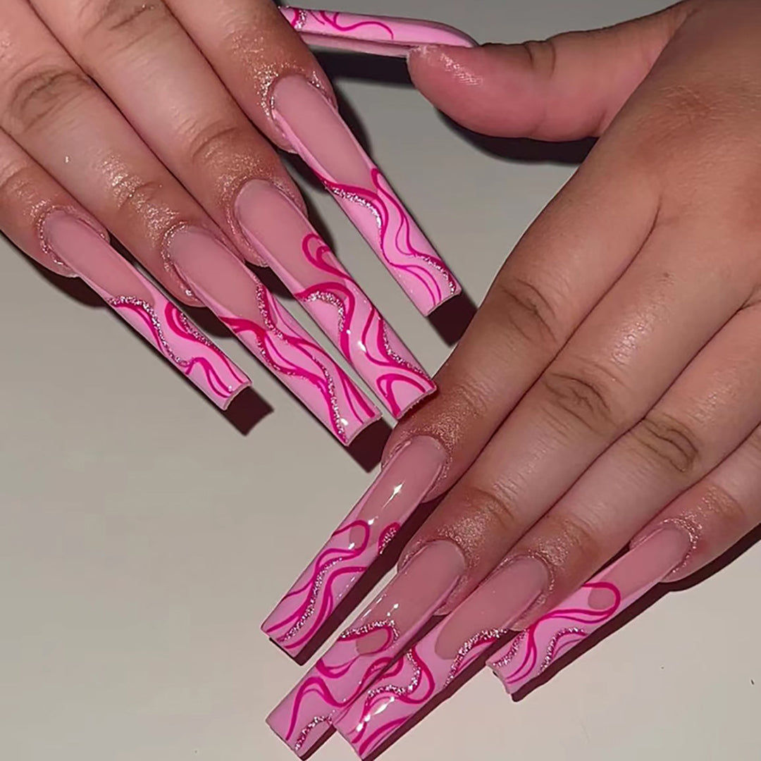 Long Stiletto Press-On Nail Extensions with Abstract Wave Design Stornfield