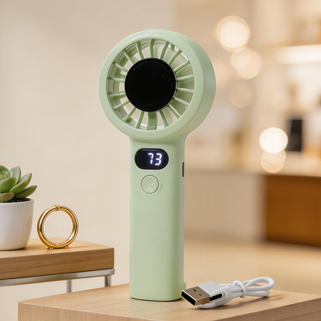 Ladies Portable Hand Fan with LCD Temperature Display and Rechargeable Battery Stornfield