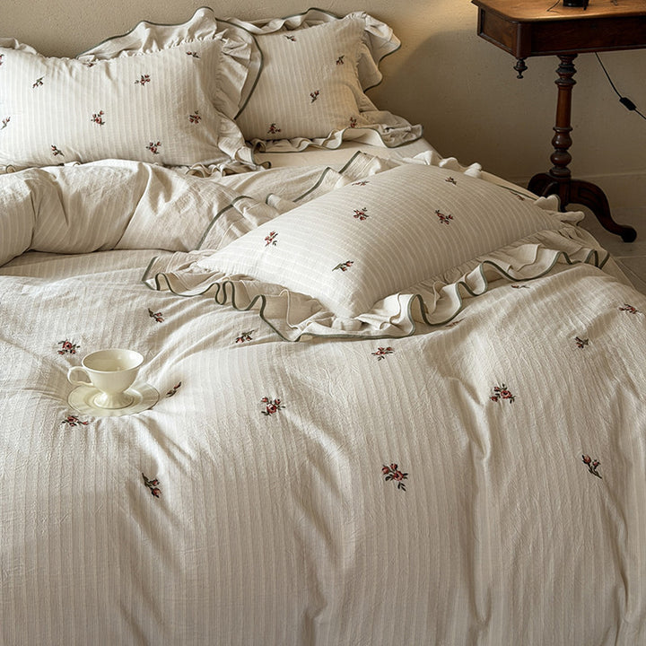 Embroidered Mini-Rose Ruffled Cotton-Linen Duvet Cover Set with Olive Piped Edge