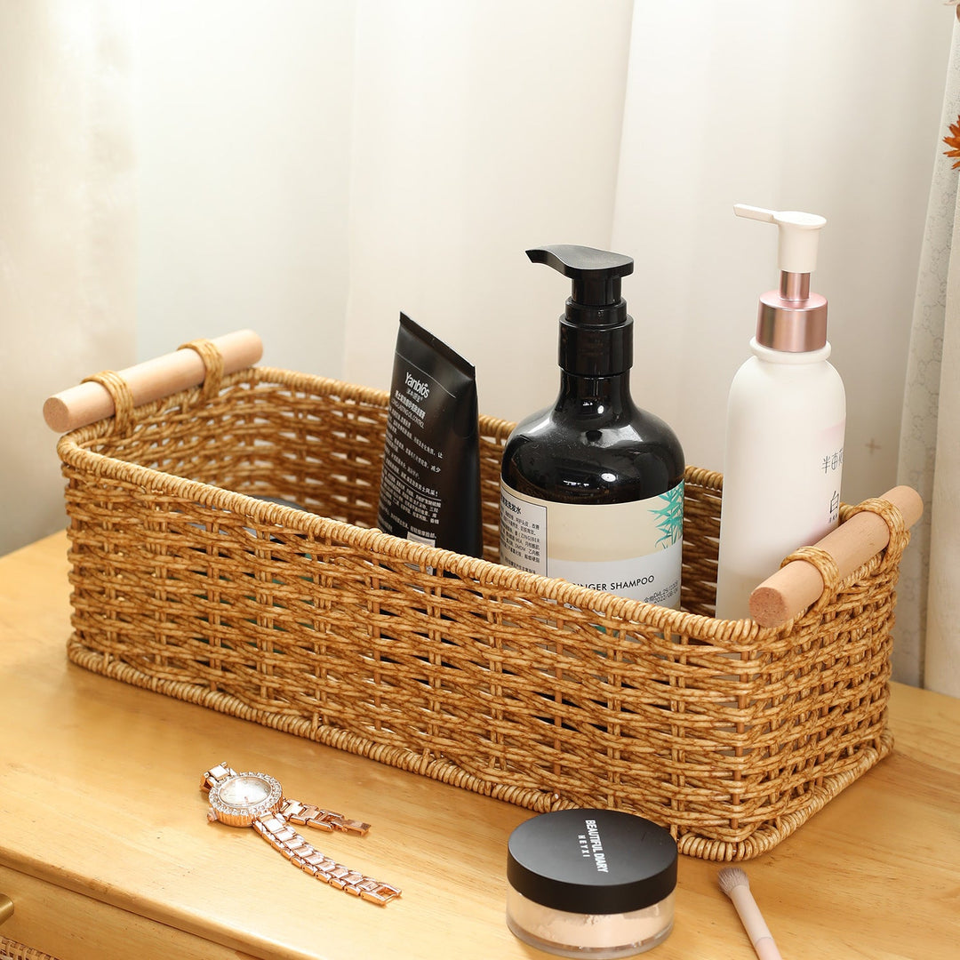 Rectangular Woven Storage Basket with Wooden Handles Stornfield