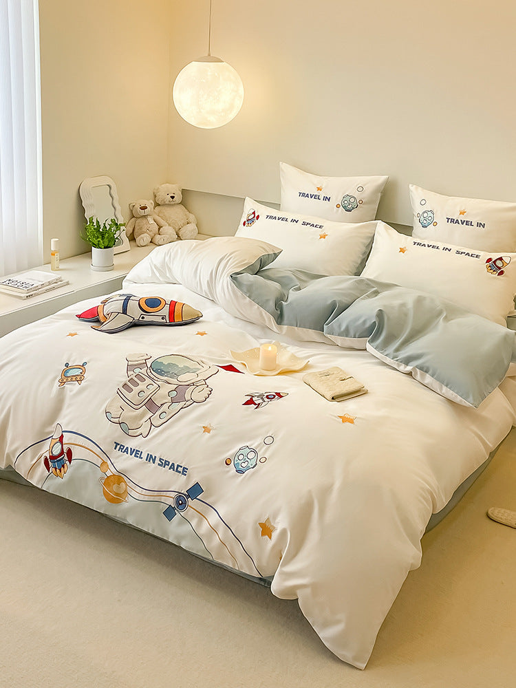 Children's Space-Themed Cotton Sateen Duvet Cover Bedding Set with Embroidered Astronaut & Rocket Motifs