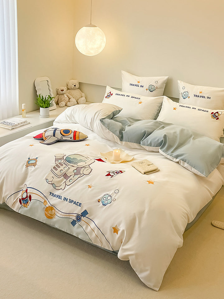 Children's Space-Themed Cotton Sateen Duvet Cover Bedding Set with Embroidered Astronaut & Rocket Motifs