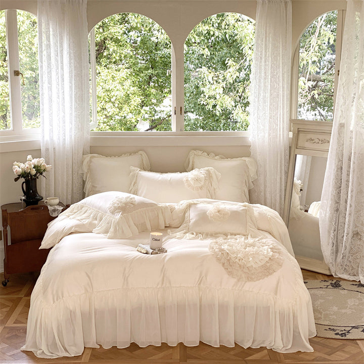 Romantic bedding set with chiffon ruffles and 3D flower appliqués