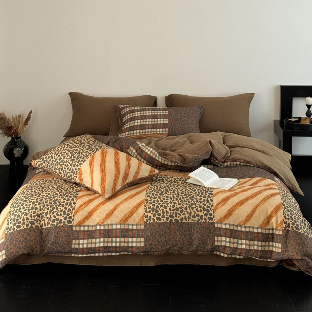 Patchwork Animal-Print Cotton Sateen Duvet Cover Set with Plaid Accents and Reversible Solid Back