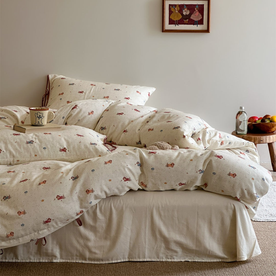 Illustrated Cotton-Sateen Duvet Cover Set with Ribbon-Tie Pillowcase