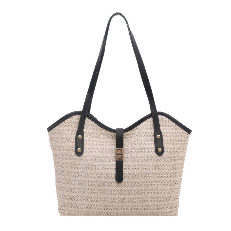 Woven Straw Tote Bag with Leather Accents