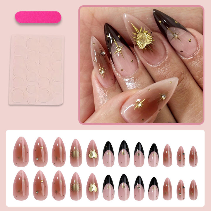 Acrylic nail set with elegant lace and metallic design Stornfield
