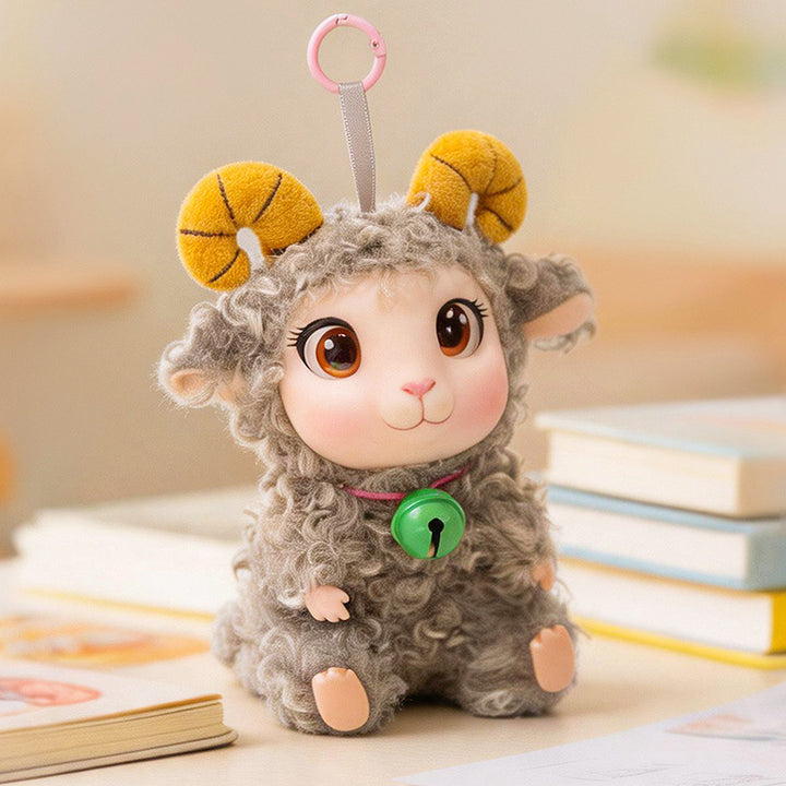 Plush Ram Keychain Charm with Curly Faux-Fur, Sculpted Face, Bell Necklace and Metal Ring Stornfield