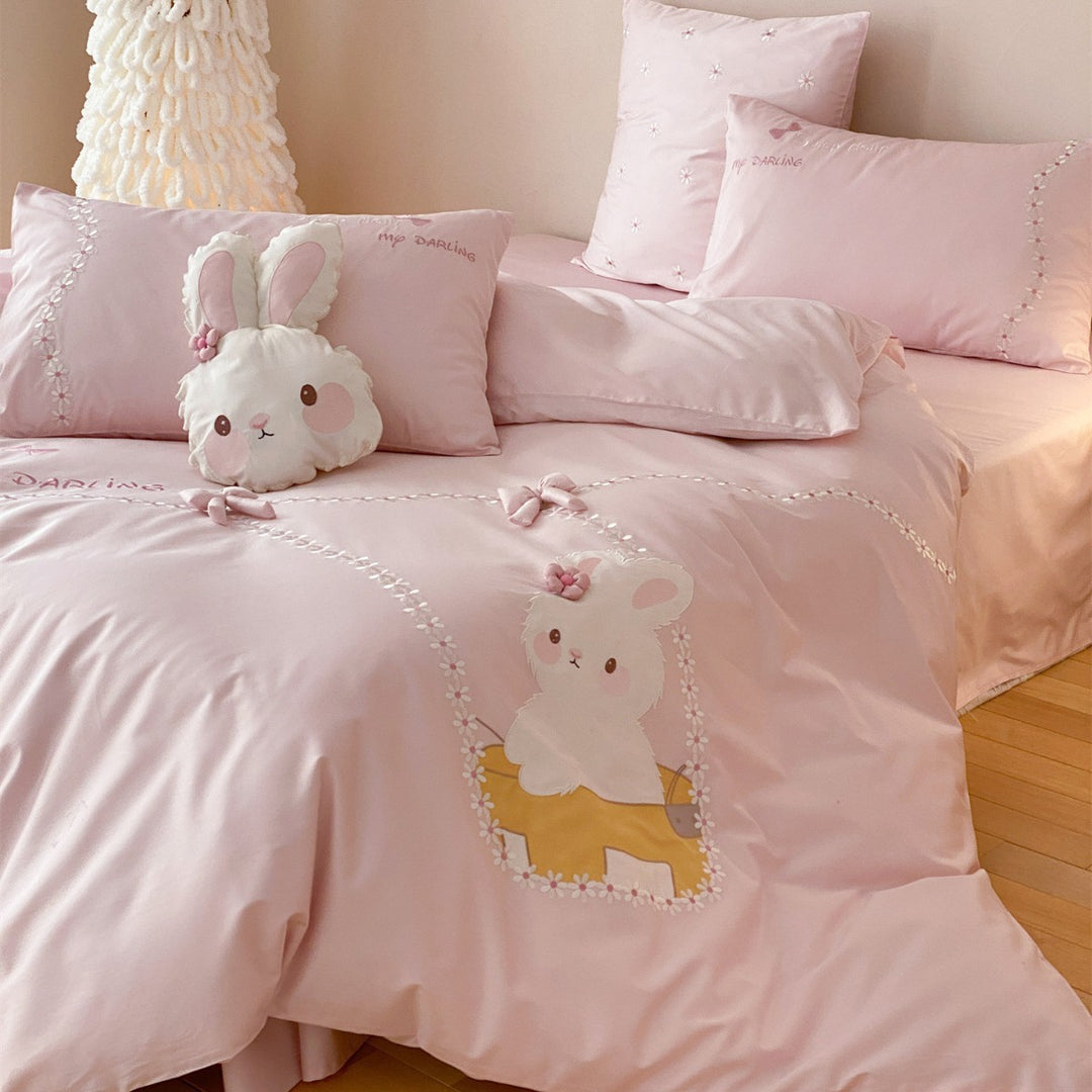 Bunny Appliqué Cotton Sateen Duvet Cover Set with Embroidered Floral Trails & Decorative Sham