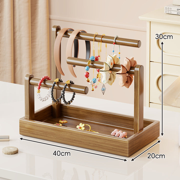 Multi-Level Wooden Jewelry Organizer Stand with Tray and Rod Display