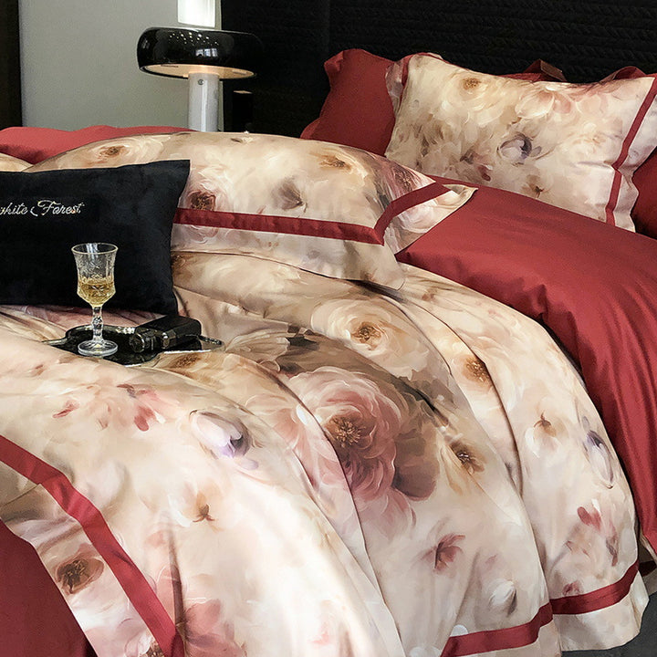 Satin bedding set with watercolor rose design, hotel closure and contrast piping
