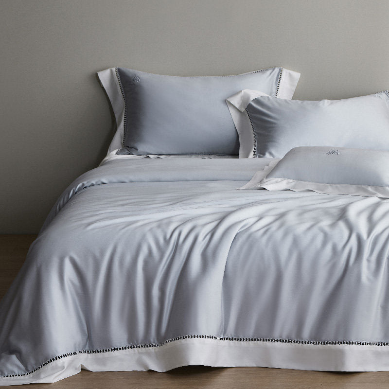 Luxury Sateen Duvet Cover Set with Contrast Hem and Eyelet-Embroidered Shams