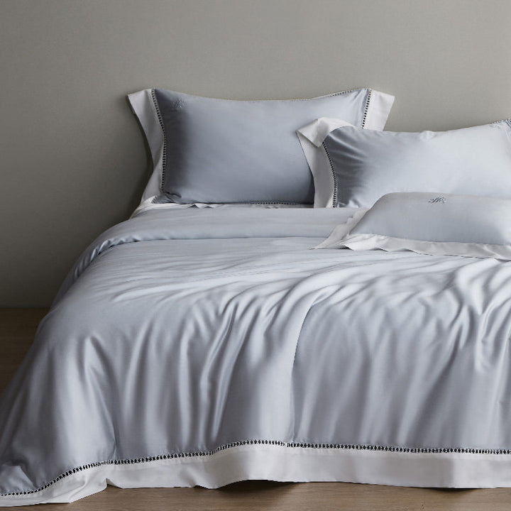 Luxury Sateen Duvet Cover Set with Contrast Hem and Eyelet-Embroidered Shams