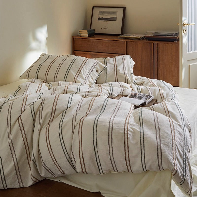 Breathable Washed Linen-Blend Striped Duvet Cover Set with Envelope Pillow Shams