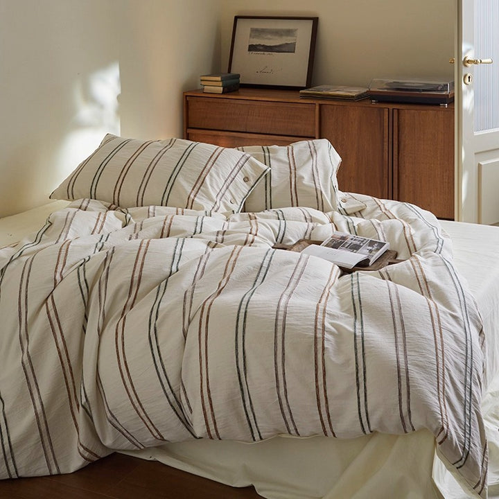 Breathable Washed Linen-Blend Striped Duvet Cover Set with Envelope Pillow Shams