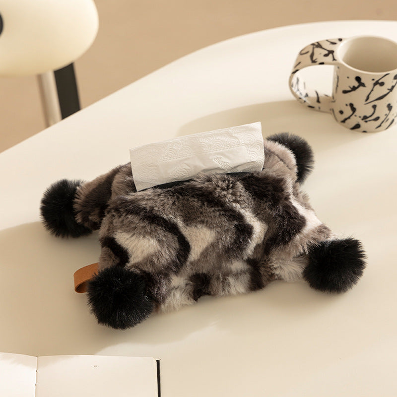 Plush napkin box cover with pompom appliqués and soft faux fur look
