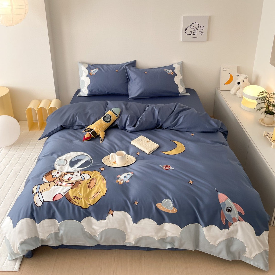 Embroidered Cartoon Rabbit Cotton Sateen Duvet Cover Set with Plush Accent Pillow