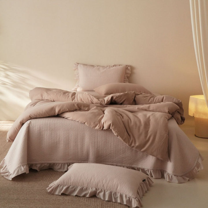 Reversible Washed Cotton Duvet Cover Set with Ruffled Edge and Plush Down-Alternative Comforter
