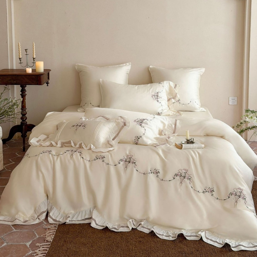 Embroidered Ruffled Satin Duvet Cover and Pillow Sham Set