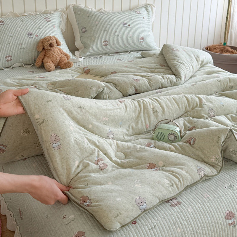 Quilted Cotton-Blend Light Comforter with Botanical Micro-Print and Contrast Piped Edge