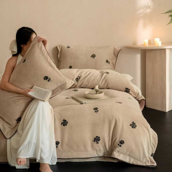Luxury Embroidered Rose Duvet Cover Set with Contrast Piping
