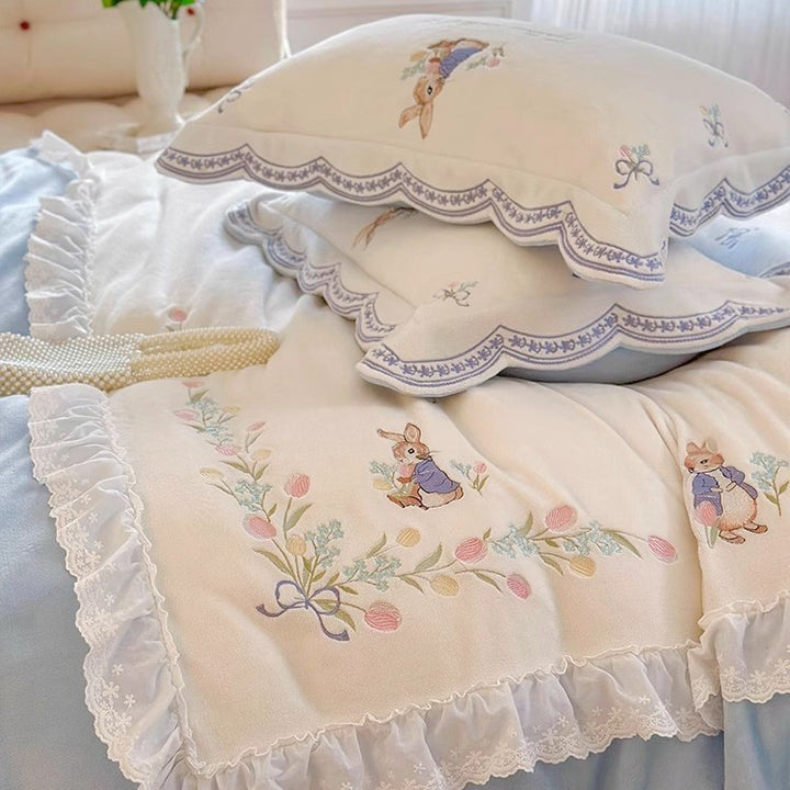 Embroidered Ruffled Duvet Cover Set with Decorative Shams and Bolster Pillow