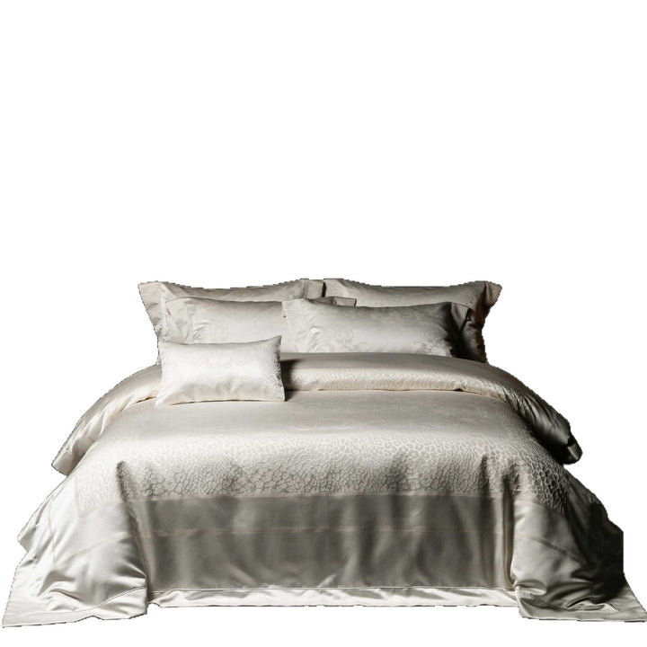 Jacquard bedding set made of cotton satin with embossed medallion and pillow ruffle