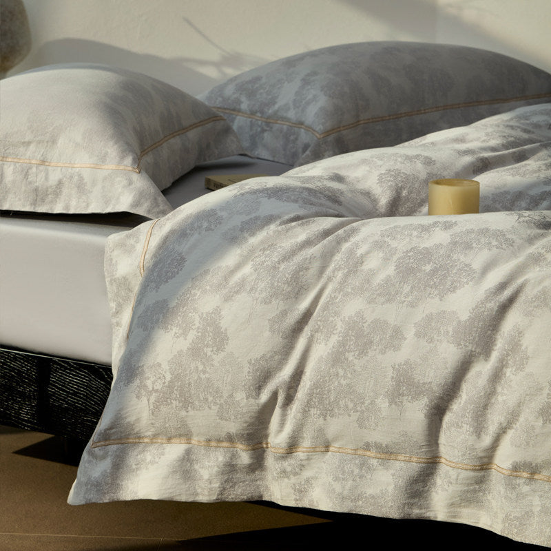 Botanical Jacquard Cotton-Sateen Duvet Cover Set with Contrast Piping