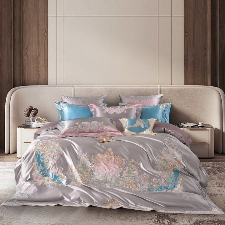 Embroidered Luxury Satin-Feel Duvet Cover Set with Hidden Zipper & Oxford Shams