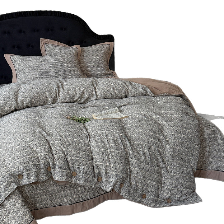Patterned Quilted Reversible Duvet Cover Set with Button Closure and Piped Edge