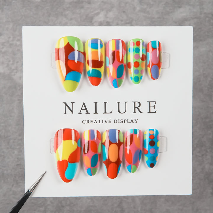 Artistic Press-On Nail Set with Colorful Geometric Patterns