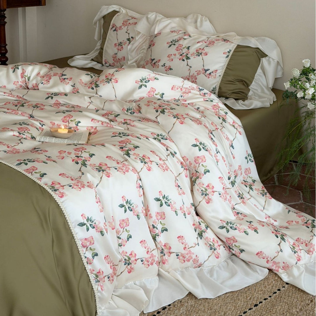 Reversible Botanical Blossom Duvet Cover with Satin Ruffle Pillow Sham Set