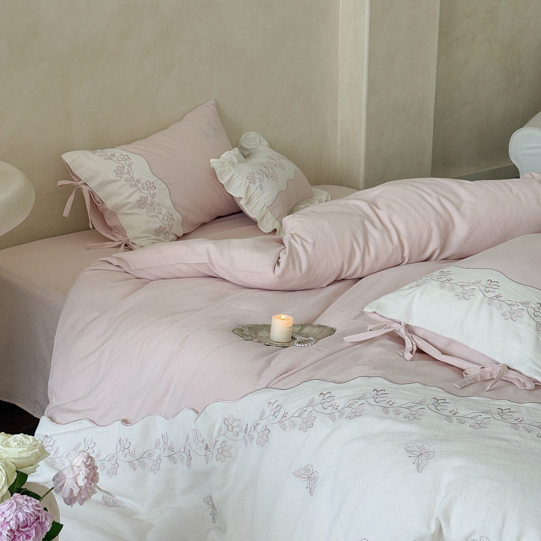 Floral Embroidered Cotton Duvet Cover Set with Ruffle Pillowcases