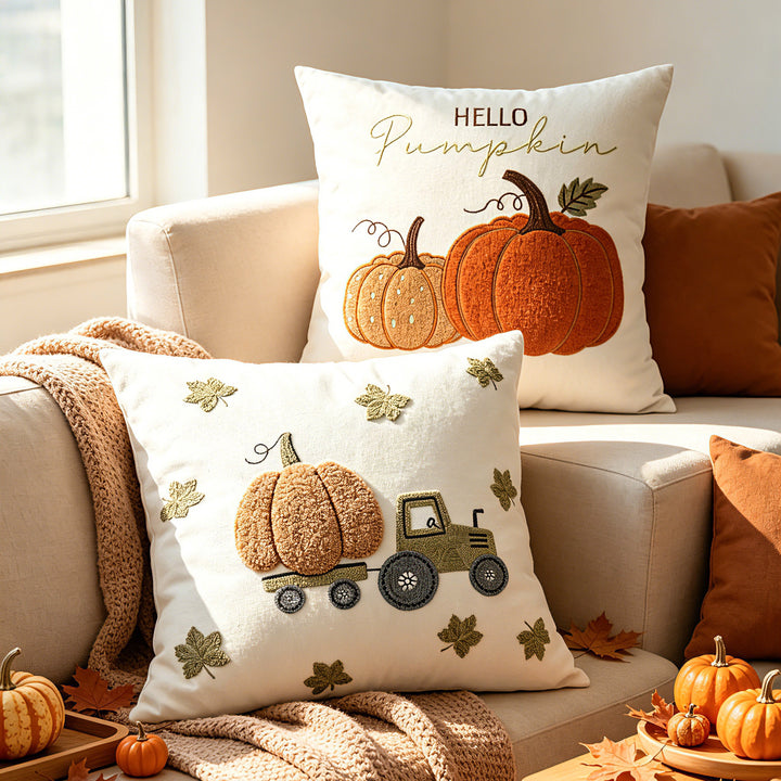 Autumn Embroidered Pumpkin Tractor Linen Throw Pillow