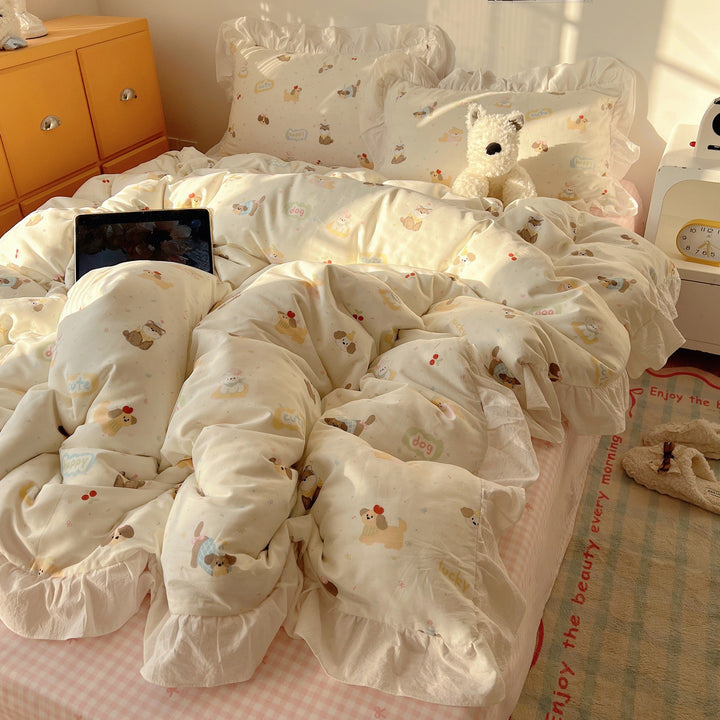 Cartoon Plaid Cotton Percale Duvet Cover Set with Ruffled Sham and Reversible Back