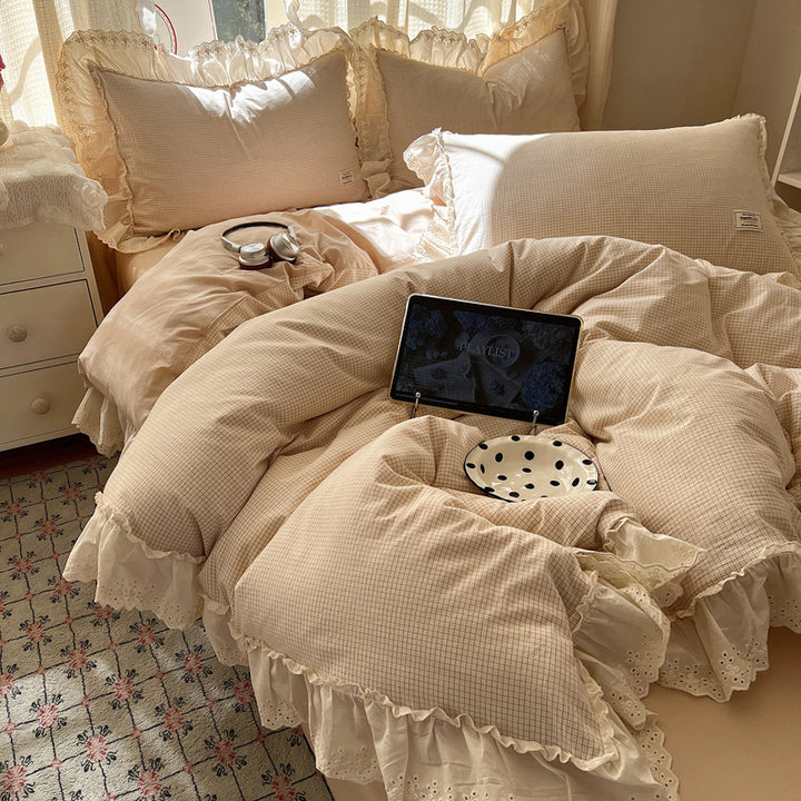 Ruffled Eyelet Lace Trim Gingham Cotton Duvet Cover Set