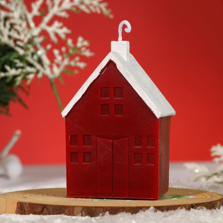 Hand-Poured House-Shaped Scented Soy Candle with Painted Roof & Chimney Holiday Table Centerpiece